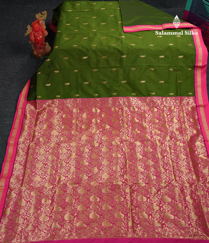 9 Yards Semi Silk Saree Peacock Green With Contrast Pink Traditional Small Border