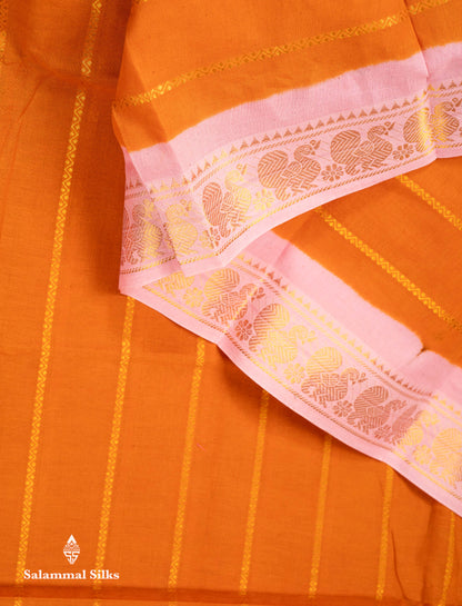 Beautiful Orange Pure Sungudi Cotton Saree With Contrast Baby Pink Traditional Small Border
