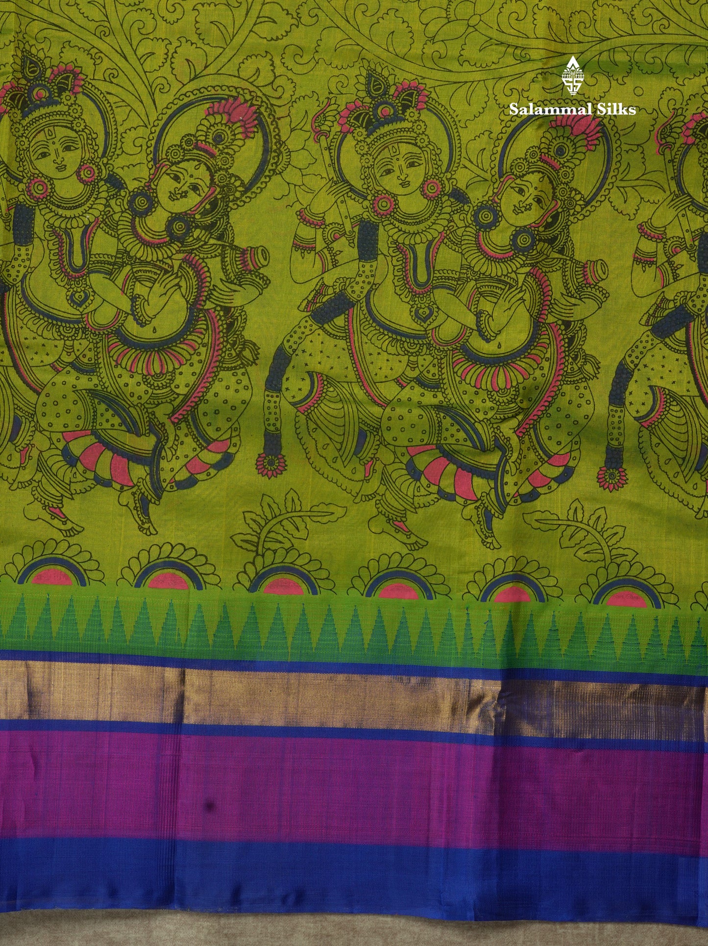 Beautiful Orangish yellow Kalamkari Design Pure Silk Cotton Saree With Ganga Jamuna Border