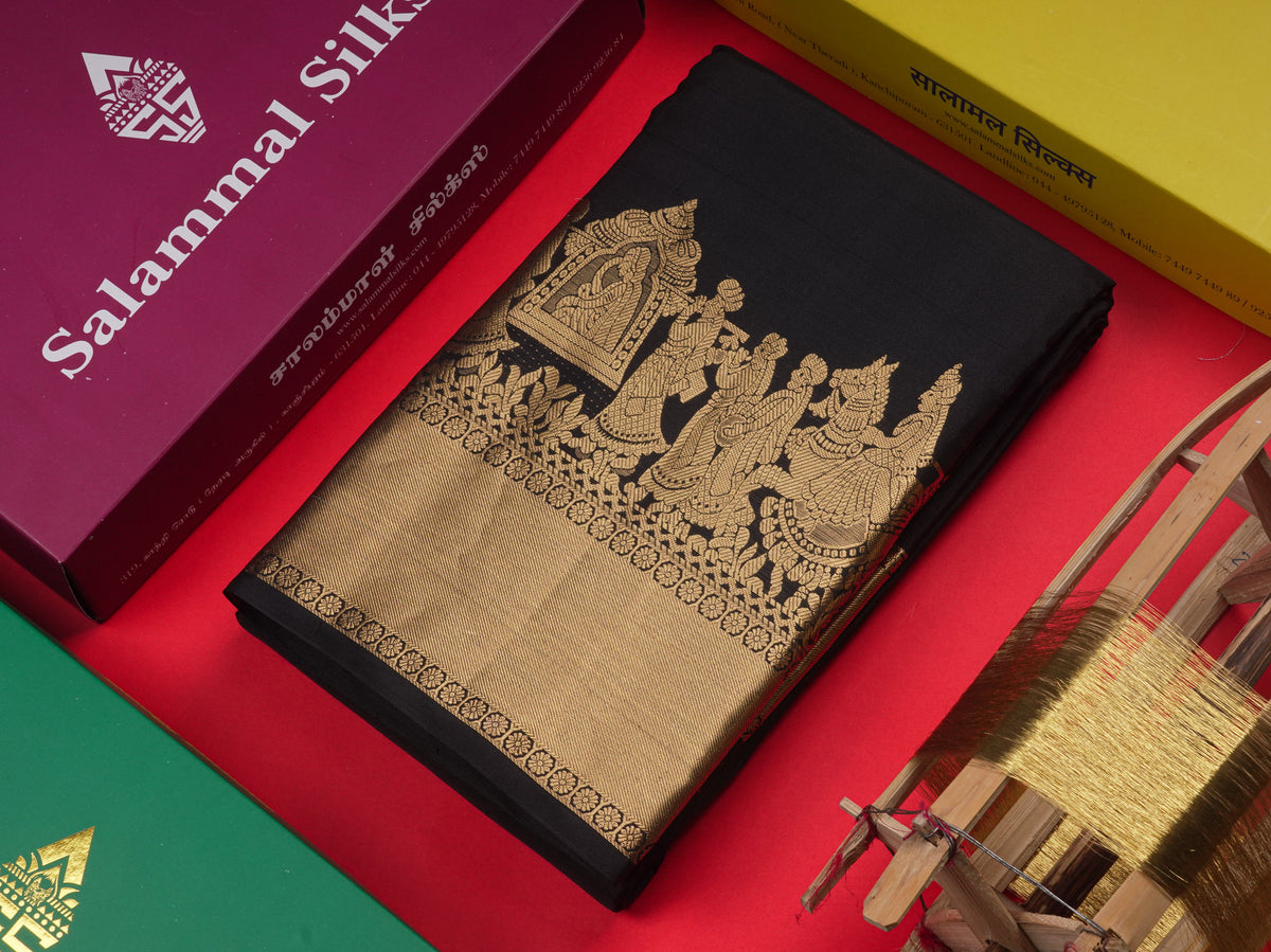 Beautiful Black Plain Pure Kanjivaram Silk Saree with Traditional Pallakku Border