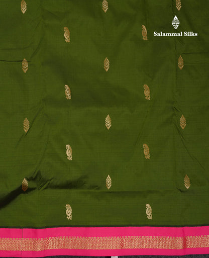 9 Yards Semi Silk Saree Peacock Green With Contrast Pink Traditional Small Border