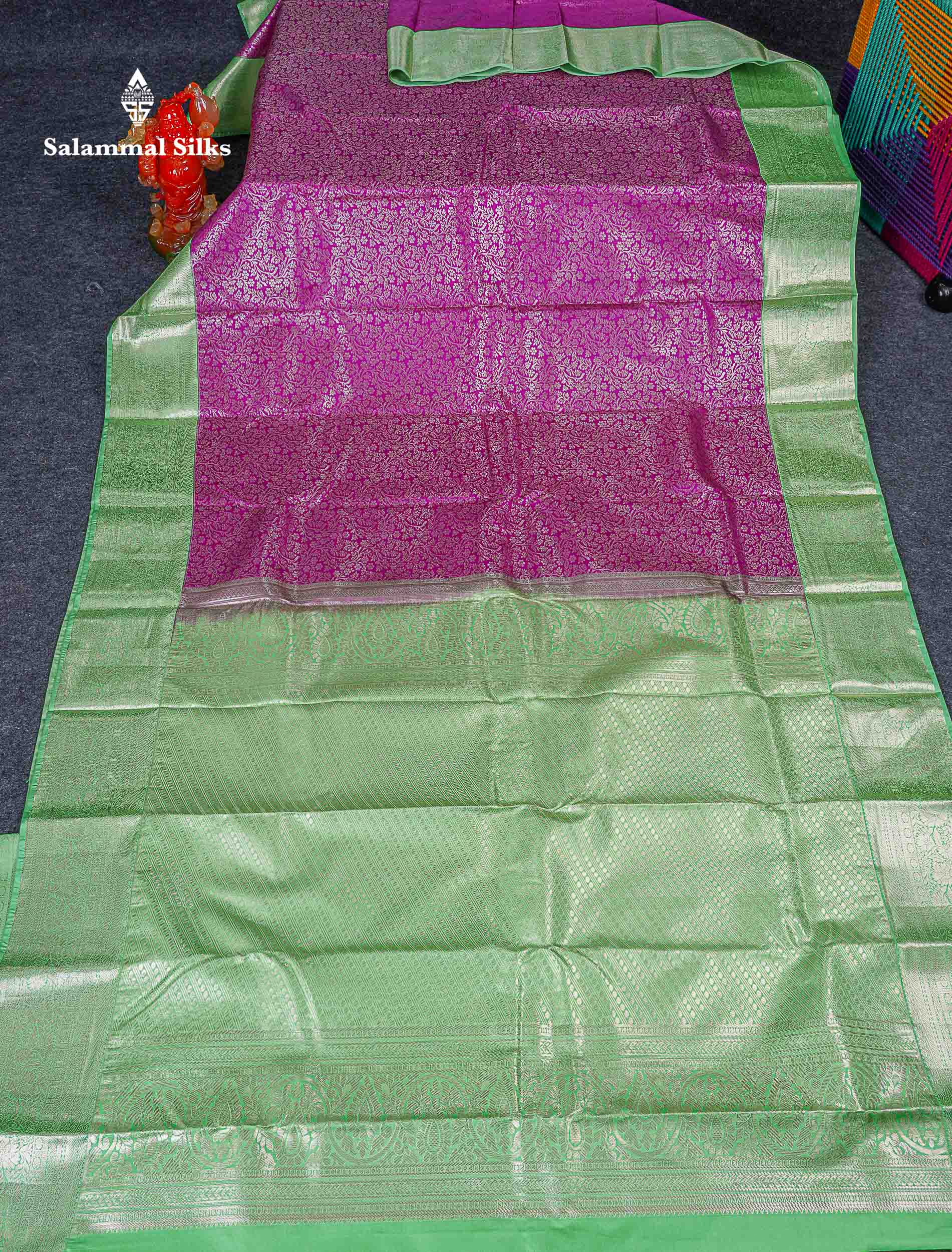 Bridal Semi Silk Saree -  Purple Colour Body With Contrast Rexona Green Traditional Border 