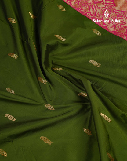 9 Yards Semi Silk Saree Peacock Green With Contrast Pink Traditional Small Border