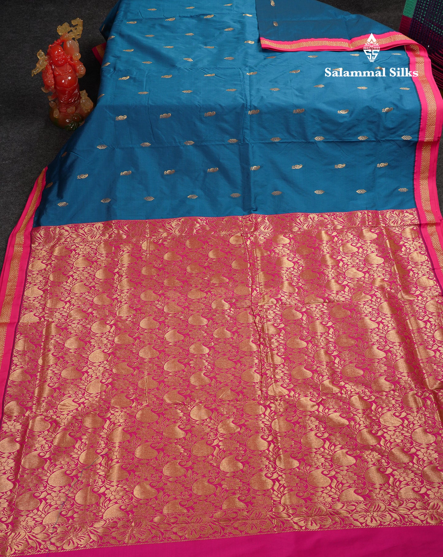 9 Yards Semi Silk Saree Peacock Green With Contrast Pink Traditional Small Border