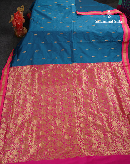 9 Yards Semi Silk Saree Peacock Green With Contrast Pink Traditional Small Border