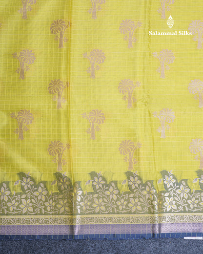 Lemon Yellow Colour Small Checks Semi Silk Saree With Fancy Border