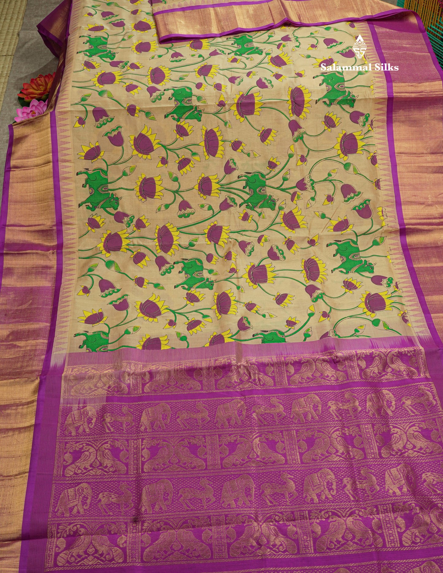 Beautiful Onion Pink Kalamkari Design Pure Silk Cotton Saree With Contrast Violet Border