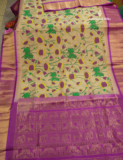 Beautiful Onion Pink Kalamkari Design Pure Silk Cotton Saree With Contrast Violet Border
