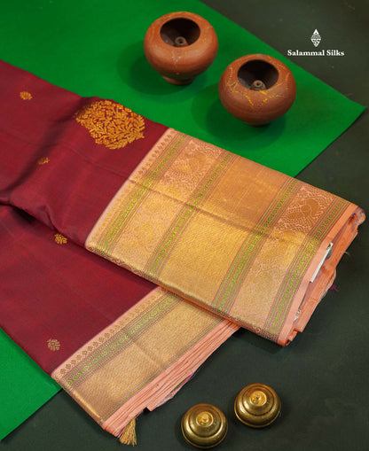 Dual Tone Maroon Pure Kanjivaram Silk Saree With Contrast Dark Peach Traditional Border
