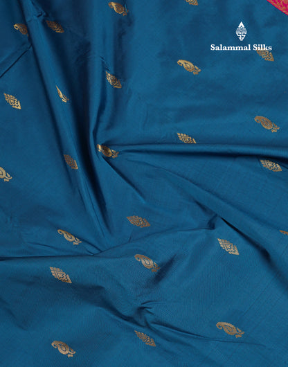 9 Yards Semi Silk Saree Peacock Green With Contrast Pink Traditional Small Border