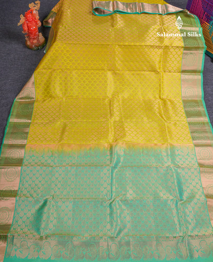 Beautiful Lemon Yellow Bridal Pure Kanjivaram Silk Saree With Contrast Sapphire Green Border