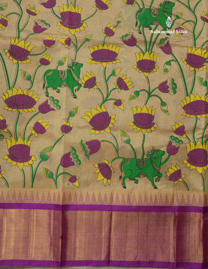 Beautiful Onion Pink Kalamkari Design Pure Silk Cotton Saree With Contrast Violet Border