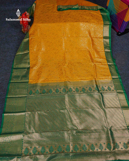 Bridal Semi Silk Saree -  Yellow Colour Body With Contrast Green Evening Morning Border 