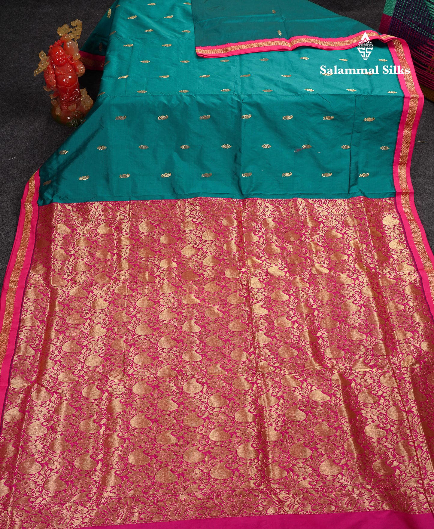 9 Yards Semi Silk Saree Peacock Green With Contrast Pink Traditional Small Border