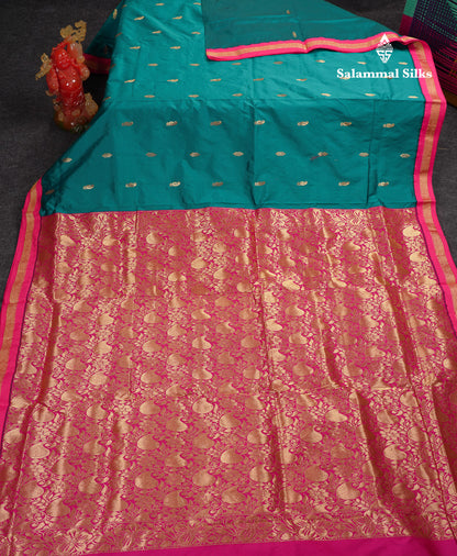 9 Yards Semi Silk Saree Peacock Green With Contrast Pink Traditional Small Border