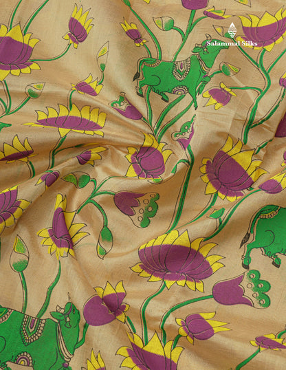 Beautiful Onion Pink Kalamkari Design Pure Silk Cotton Saree With Contrast Violet Border