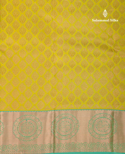 Beautiful Lemon Yellow Bridal Pure Kanjivaram Silk Saree With Contrast Sapphire Green Border