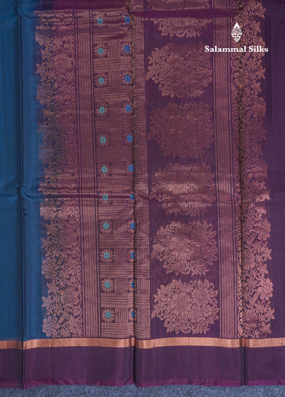 Beautiful Peacock Blue SICO Cotton Saree With Contrast Dark Magenta Blouse