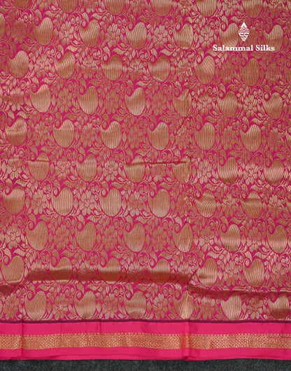 9 Yards Semi Silk Saree Peacock Green With Contrast Pink Traditional Small Border