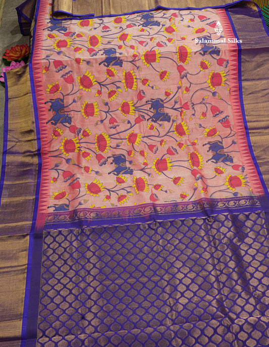 Beautiful Onion Pink Kalamkari Design Pure Silk Cotton Saree With Contrast Violet Border
