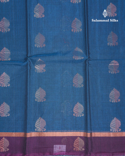 Beautiful Peacock Blue SICO Cotton Saree With Contrast Dark Magenta Blouse