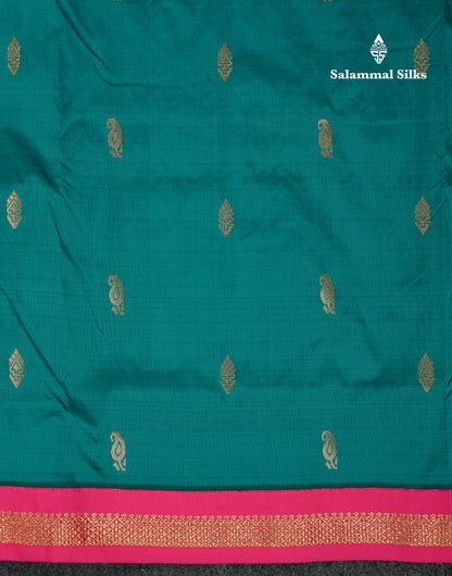 9 Yards Semi Silk Saree Peacock Green With Contrast Pink Traditional Small Border