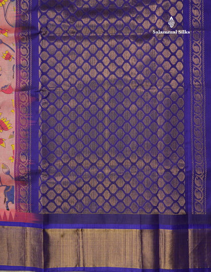 Beautiful Onion Pink Kalamkari Design Pure Silk Cotton Saree With Contrast Violet Border