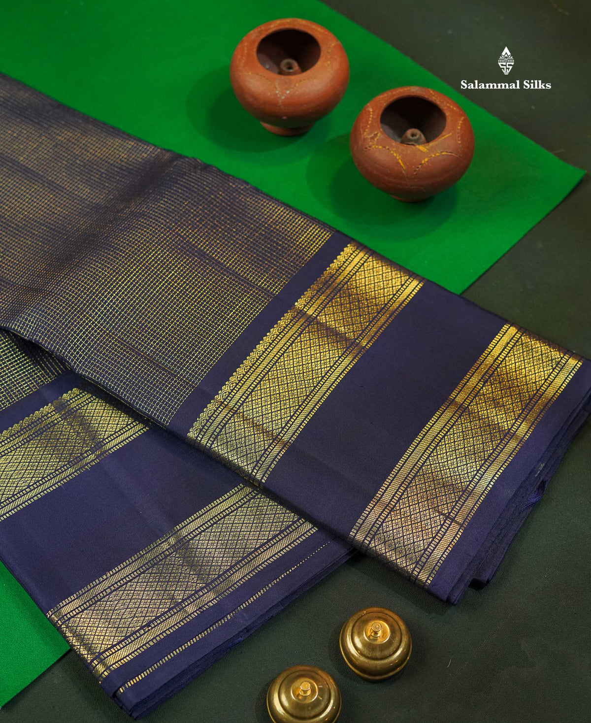 Pure Kanjivaram Silk Saree - Navy Blue Colour Body With Vaira Oosi Tiny Checks & Gap Border