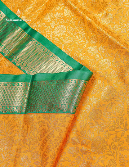 Bridal Semi Silk Saree -  Yellow Colour Body With Contrast Green Evening Morning Border