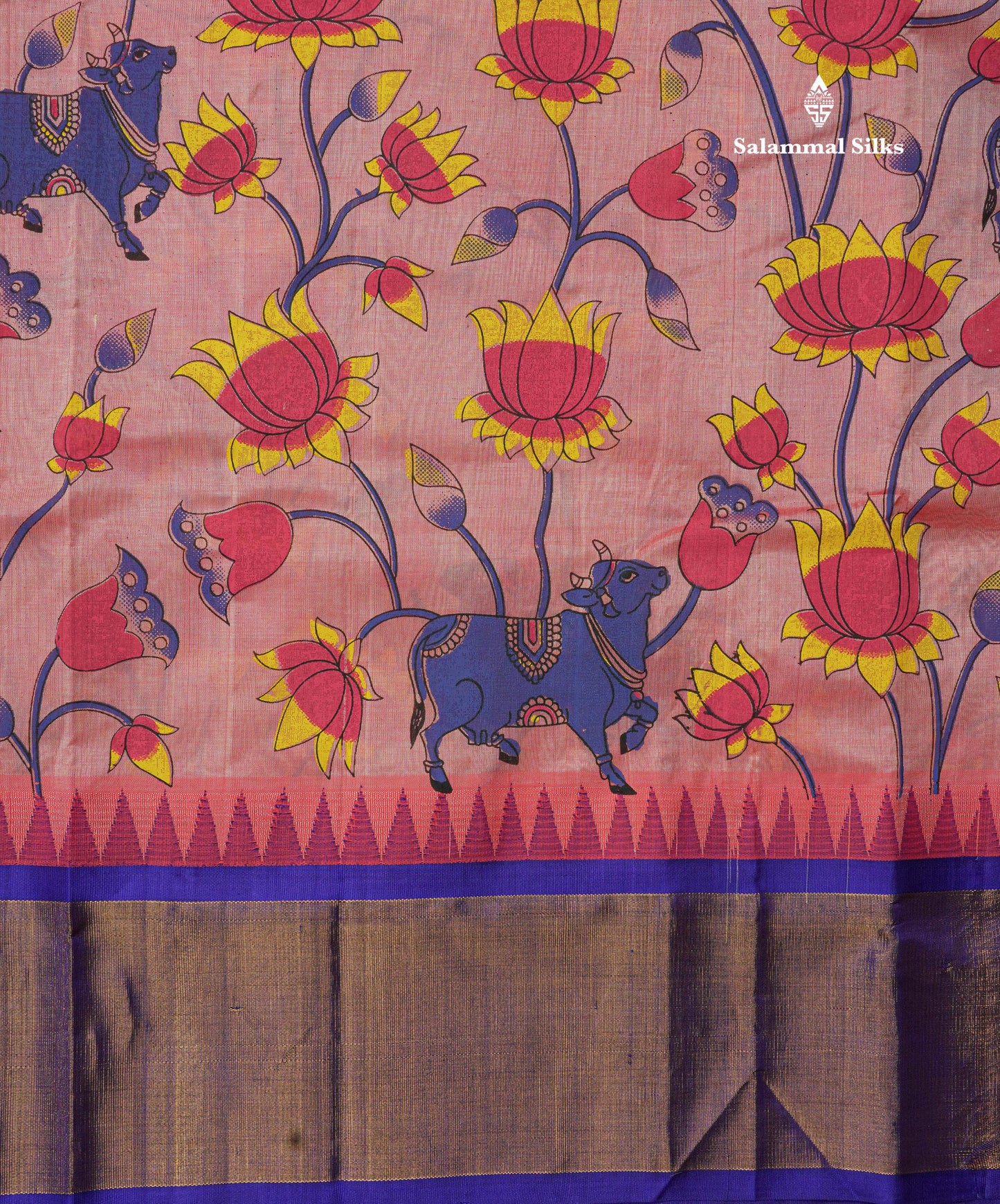 Beautiful Onion Pink Kalamkari Design Pure Silk Cotton Saree With Contrast Violet Border