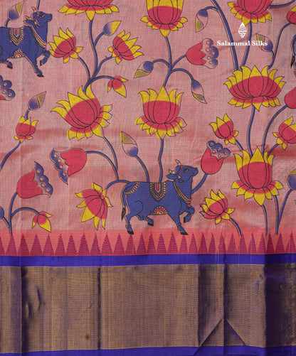 Beautiful Onion Pink Kalamkari Design Pure Silk Cotton Saree With Contrast Violet Border