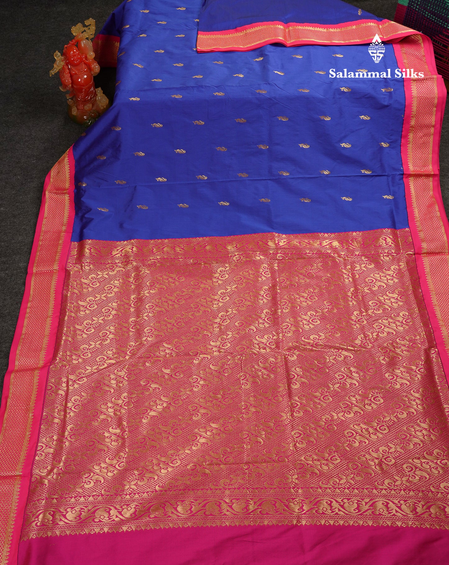 10 Yards Art Silk Saree Royal Blue with Contrast Pink Traditional Border