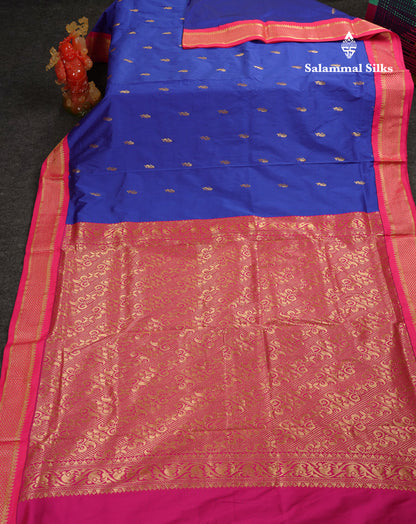 10 Yards Art Silk Saree Royal Blue with Contrast Pink Traditional Border