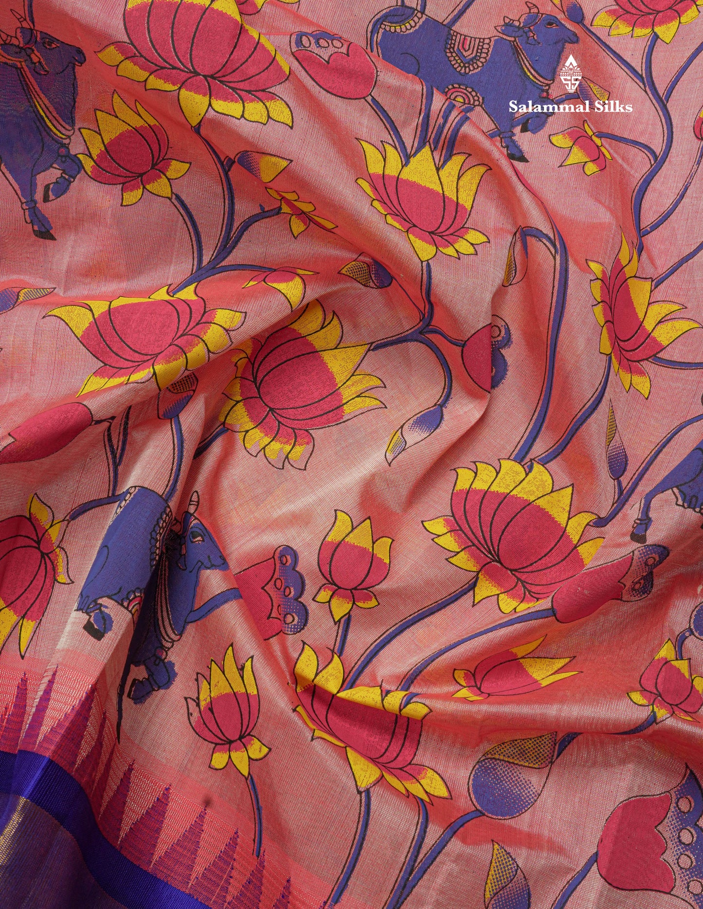 Beautiful Onion Pink Kalamkari Design Pure Silk Cotton Saree With Contrast Violet Border