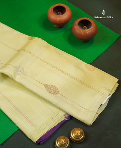 Beautiful Cream Yellow Fancy Pure Kanjivaram Silk Saree With Contrast Dark Purple Blouse