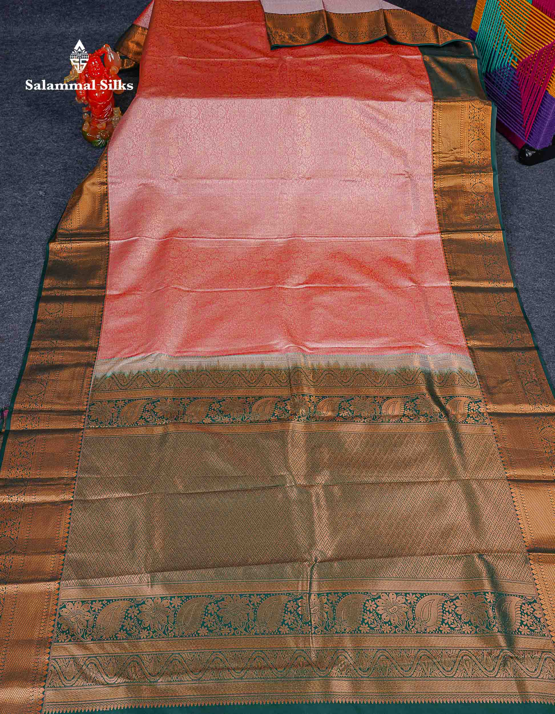 Bridal Semi Silk Saree - Onion Pink Colour Body With Contrast Bottle Green Border 
