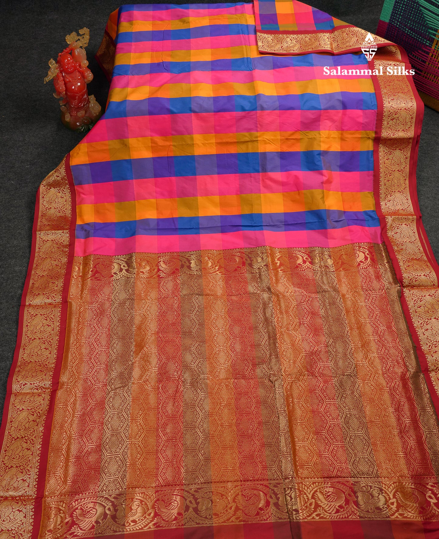 9 Yards Semi Silk Saree Paalum Pazham Checks With Contrast Maroon Traditional Border
