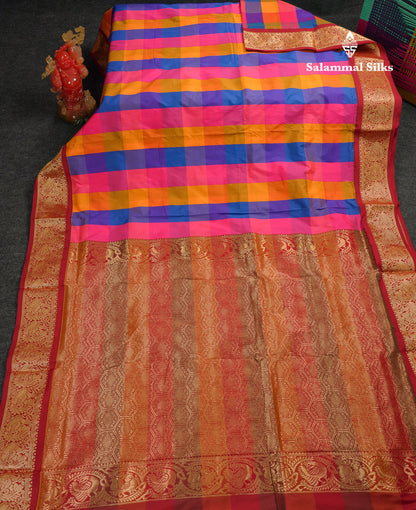9 Yards Semi Silk Saree Paalum Pazham Checks With Contrast Maroon Traditional Border