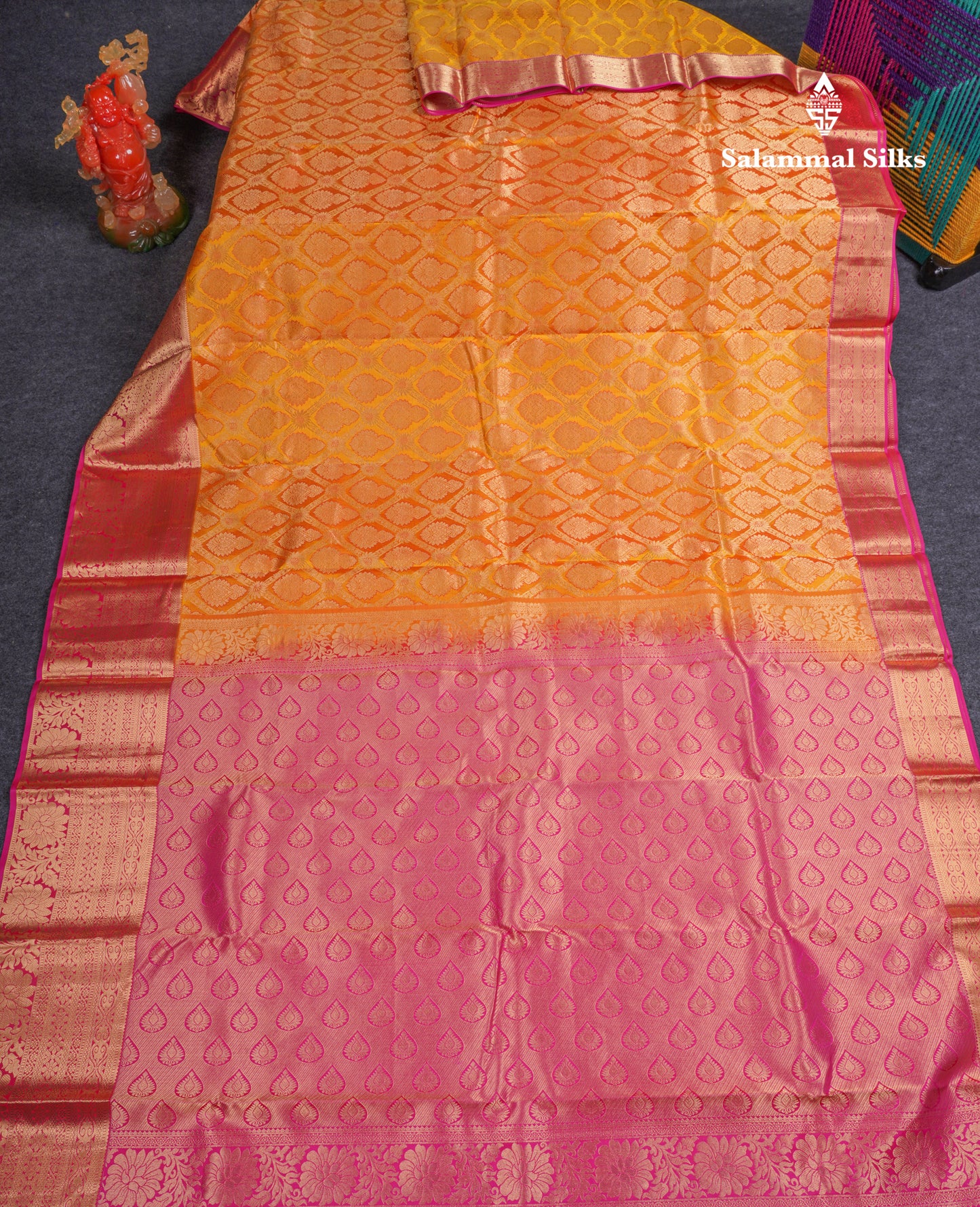 Beautiful Mango Yellow Bridal Pure Kanjivaram Silk Saree With Contrast Pink Border
