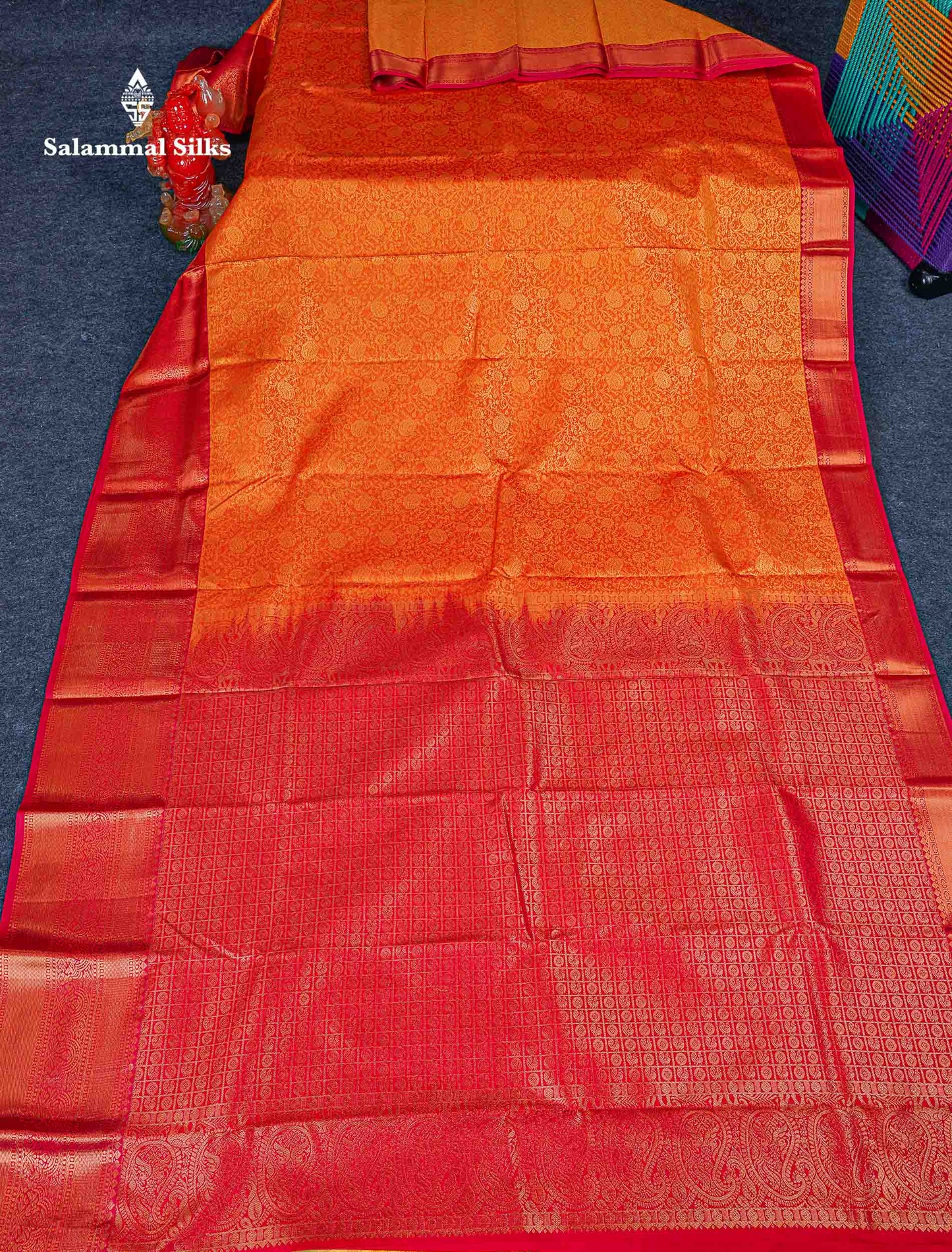 Bridal Semi Silk Saree - Orange Colour Body With Contrast Chilly Red Evening Morning Border