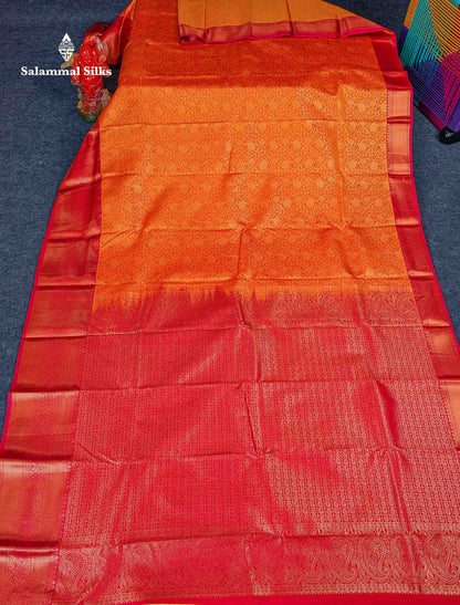 Bridal Semi Silk Saree - Orange Colour Body With Contrast Chilly Red Evening Morning Border