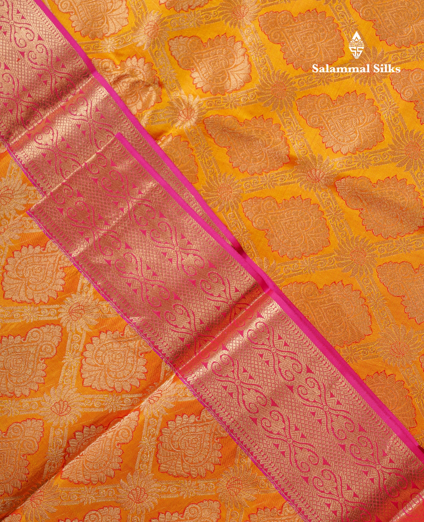 Beautiful Mango Yellow Bridal Pure Kanjivaram Silk Saree With Contrast Pink Border