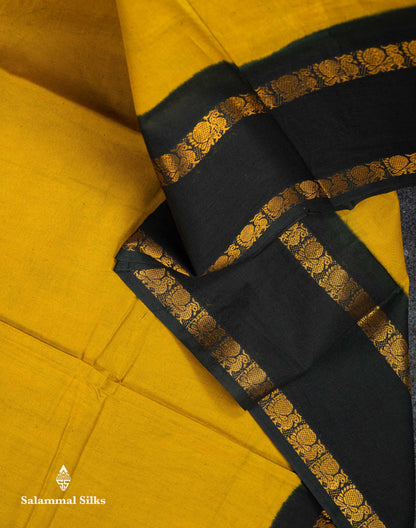 Beautiful Mustard Yellow Sungudi Cotton Saree With Contrast Dark Bottle Green Traditional Gap Border
