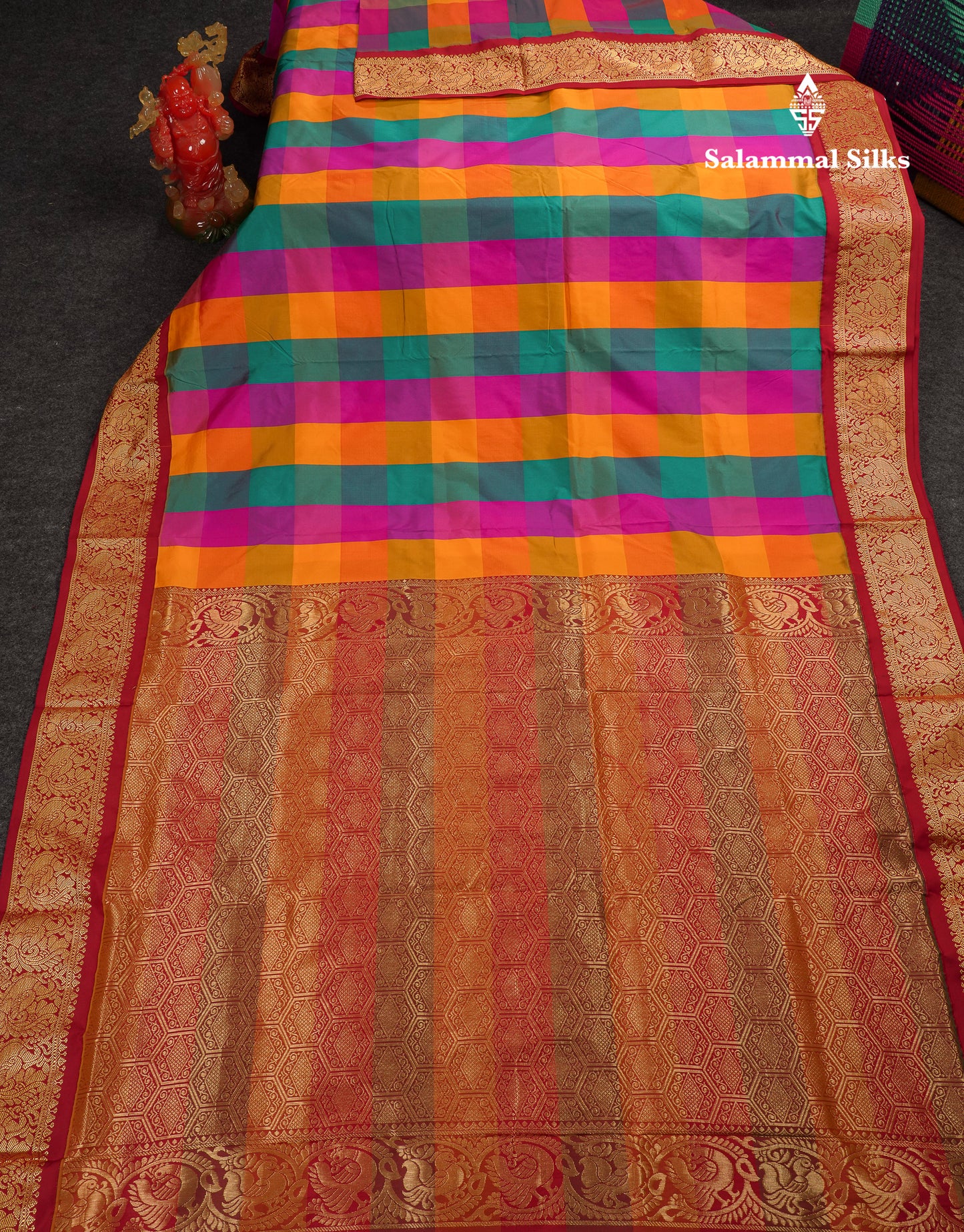 9 Yards Semi Silk Saree Paalum Pazham Checks With Contrast Maroon Traditional Border