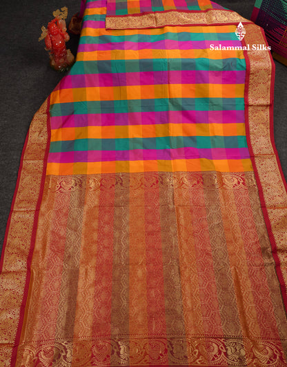 9 Yards Semi Silk Saree Paalum Pazham Checks With Contrast Maroon Traditional Border
