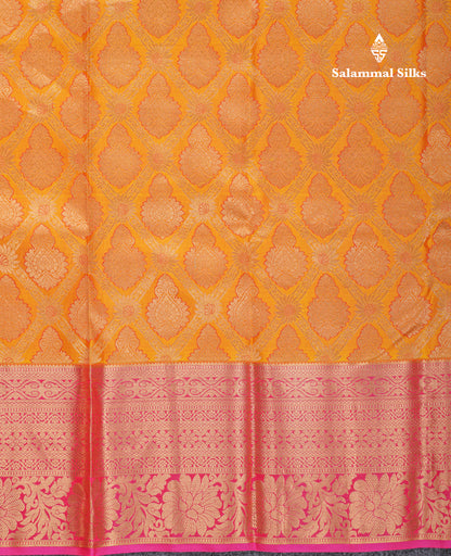 Beautiful Mango Yellow Bridal Pure Kanjivaram Silk Saree With Contrast Pink Border