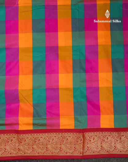 9 Yards Semi Silk Saree Paalum Pazham Checks With Contrast Maroon Traditional Border