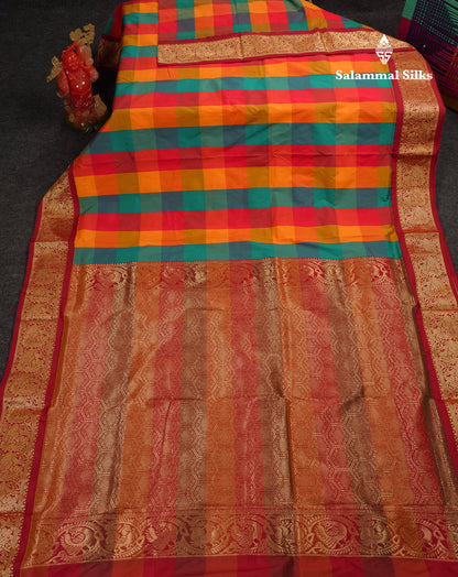 9 Yards Semi Silk Saree Paalum Pazham Checks With Contrast Maroon Traditional Border