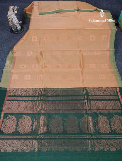 Beautiful Sandal Meenakari Work SICO Cotton Saree With Contrast Bottle Green Blouse