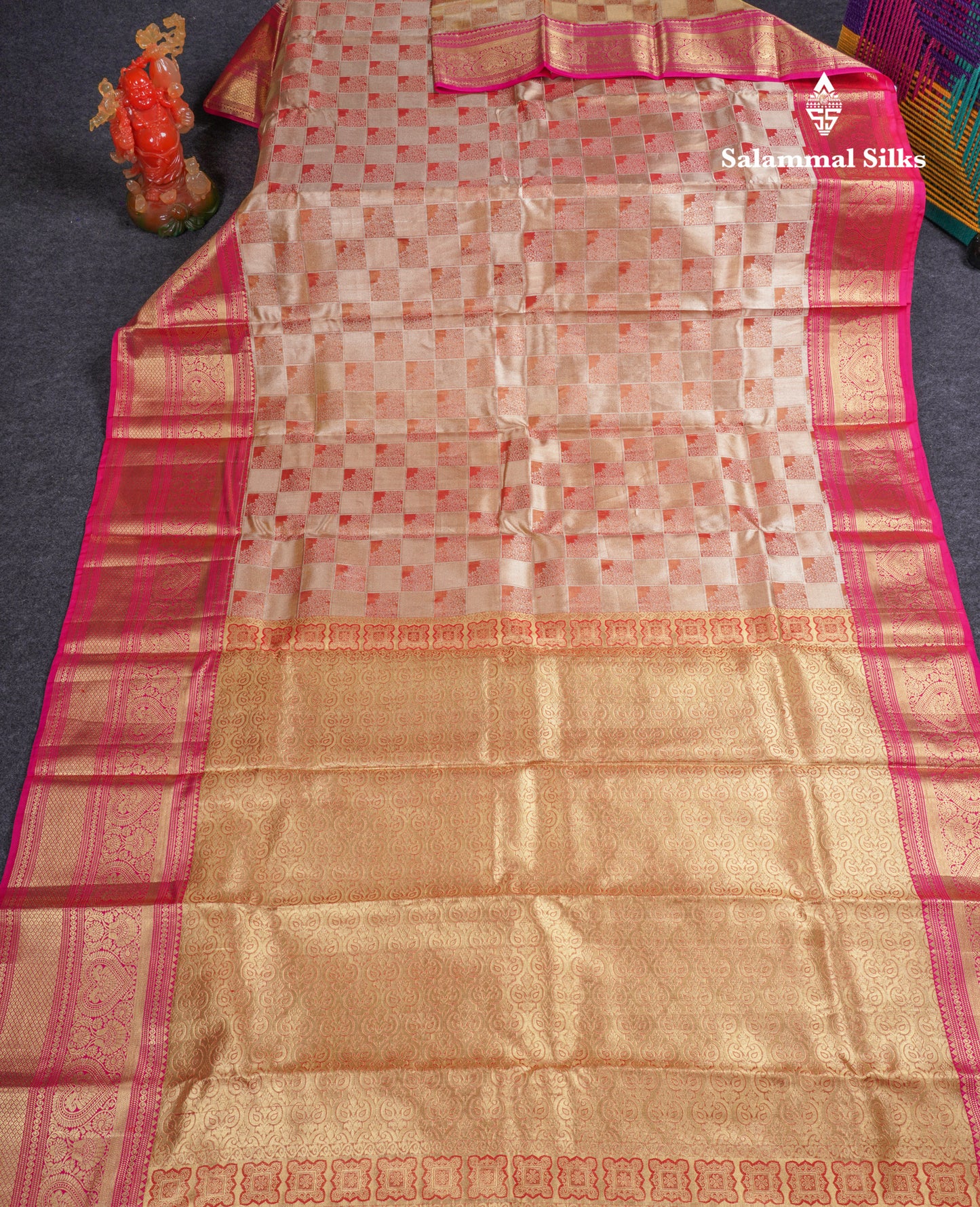 Beautiful Gold Checks Tissue Bridal Pure Mix Silk Saree With Contrast Pink Traditional Evening Morning Border